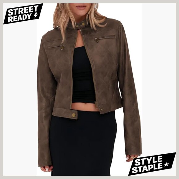 Faux Leather Cropped Motorcycle Jacket Vintage Zip Stand Collar